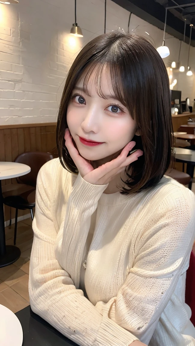 Tabletop, Highest quality, figure, Super detailed, In detail, High resolution, 8k wallpaper, Perfect dynamic composition, Beautiful attention to detail, Shoulder extension long sleeve knit,Bob Hair, Center of chest, More big 、Natural color lip, Random sexy poses,smile,20-year-old girl,huge ,Cafe,coffee,Emphasize the chest,Knitted sweater