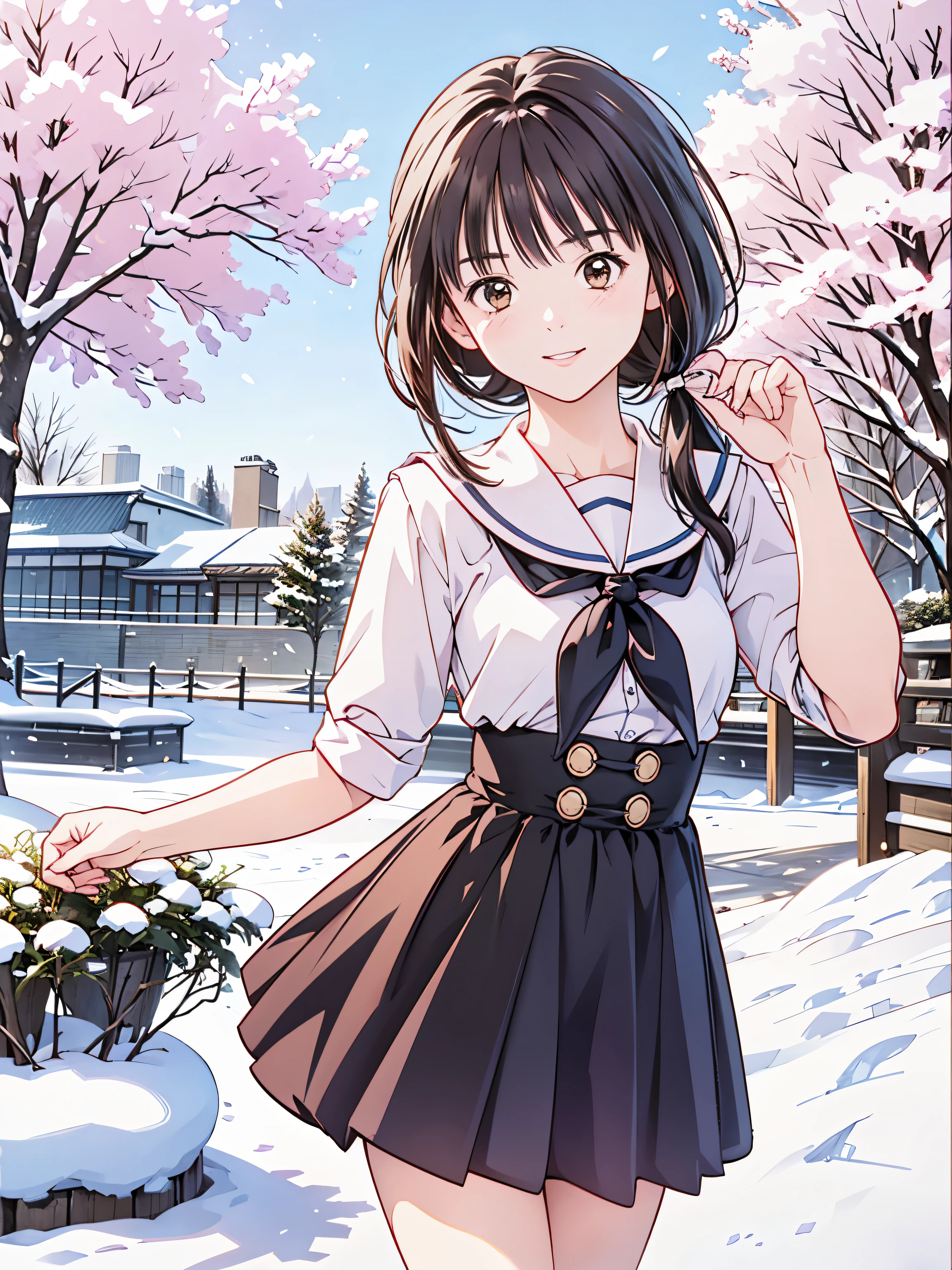 (8k、 top quality、masterpiece:1.2)、( realistic、 ultra-detailed、 super A high resolution、 1 girl、、 beautiful detailed face、smile、narrow、( Slim Waist ) :1.3)、Spring Clothes、 、 Skin Texture 、Floating Hair、 PROFESSIONAL LIGHTING 、Junior high school students suit overall body、 brown hair、Shy、Mikity、Tree Eyes、 romantic 、Junior high school students、、Ponytail、 idol poses、School、Sapporo、Hokkaido