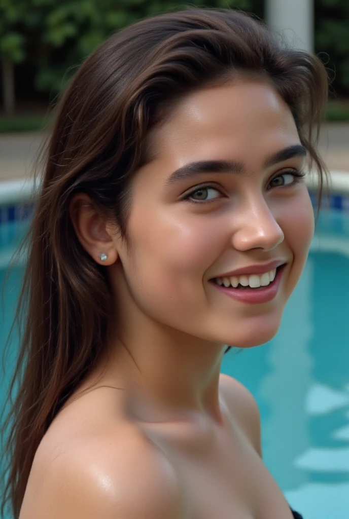 Jessica Degg short chubby face brunette long ponytail straight hair Caucasian freckles fake tan eyelashes dark eyes eyeshadow make up smiling jewellery short chains navy blue spandex one piece swimming costume wet