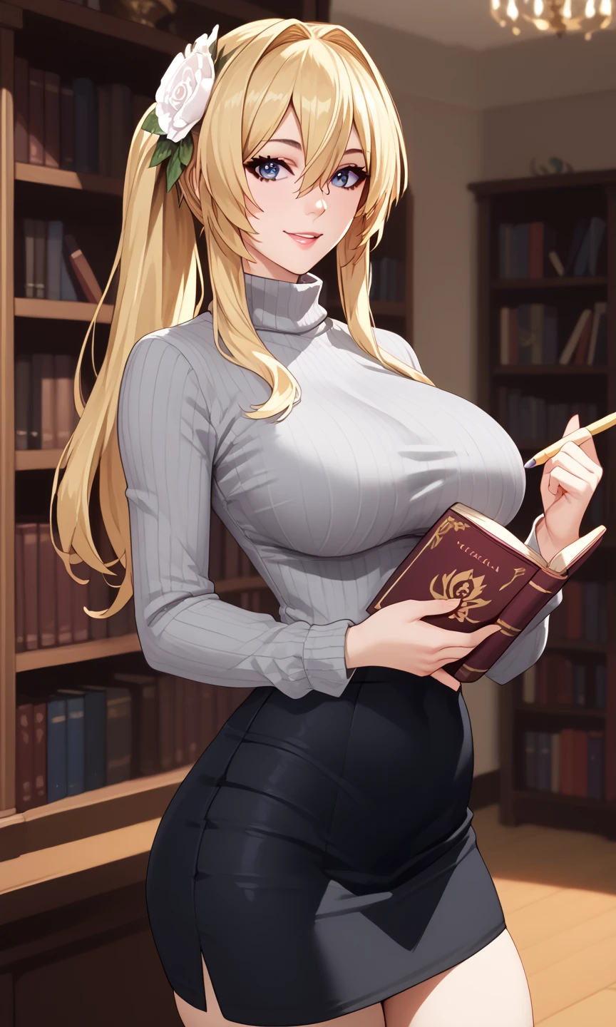 score_9, score_8_up, score_7_up, score_6_up, source_anime, 1girl, solo,  erisha, blonde hair, ponytail, hair intakes, hair between eyes, long hair, hair ornament, hair flower, grey sweater, turtleneck, black skirt, pencil skirt, holding book, large breasts, looking at you, happy, bookshelf