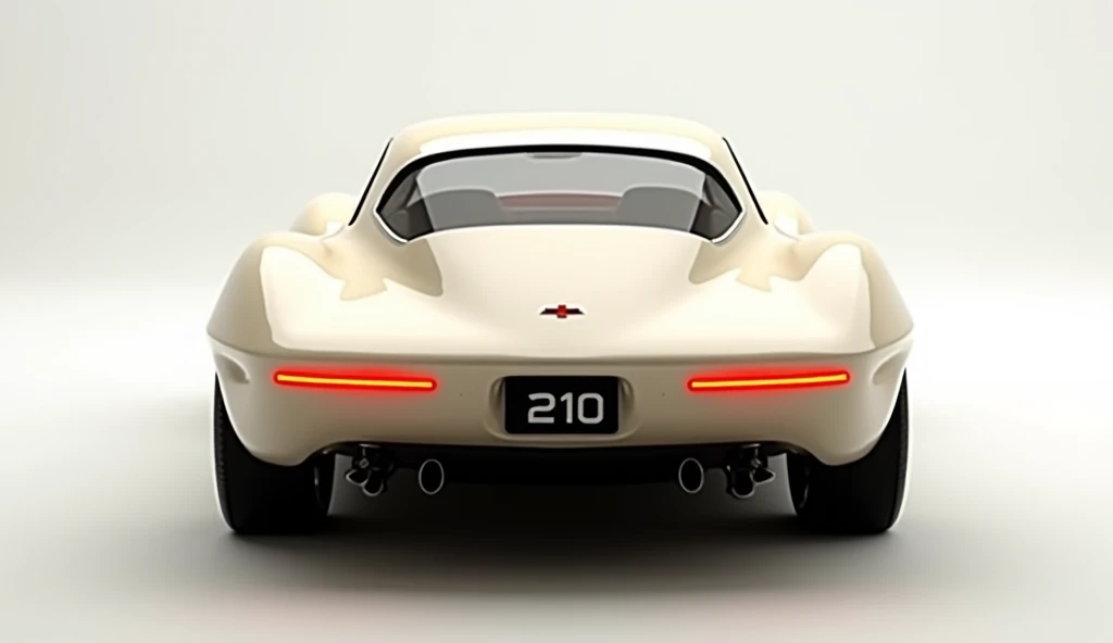 Here’s a detailed prompt for the image:

“Create a sleek and retro-style concept car viewed from the rear. The car should have smooth curves and a cream-colored finish. The back features a small, rounded rear window and prominent fenders. The car bears a Chevrolet’ badge in red, positioned above a clean rear panel with modernized, slim taillights. Below, dual exhaust outlets are integrated into a glowing trim, giving a futuristic touch. The license plate reads ‘210,’ and the background is a clean, neutral studio setting, emphasizing the vehicle’s unique design.”