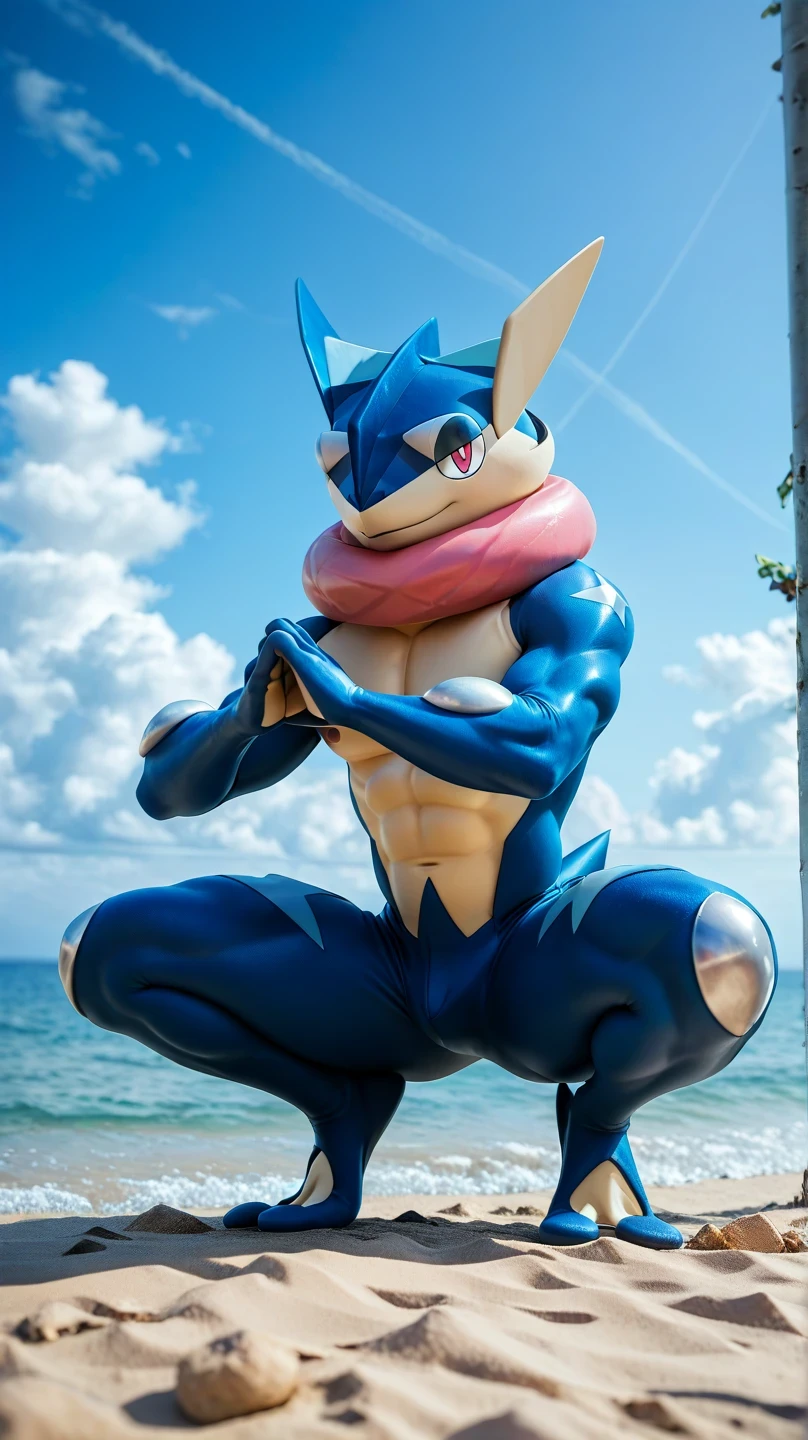 (    masterpiece,     better quality:1.2),alone,greninja male   \(pokemon\),pokemon \(creature\),    full body,       there are no humans,    extended arms   ,     blue skin    ,      pants looking at the spectator ,blue sky,   squatting posture   ,   open legs , husky, husky, salivating,  seductive look ,  marked muscles,  From below, Hands raised upwards,  on the beach, blue sky, white clouds, Blue Sea, squat pose , Hands on the knees 