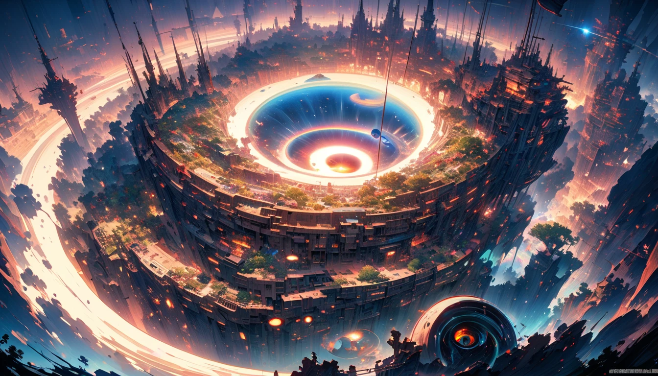 A Ghibli-style artwork depicting a fantastical mechanical colony floating in the vastness of space, The colony is intricately assembled from countless small parts each meticulously detailed, The background features a cosmic landscape with a black hole adding a dramatic and mystical atmosphere, The scene captures the essence of an AI-controlled ever-expanding machine fortress rendered with the softness and charm characteristic of Studio Ghibli's animation style