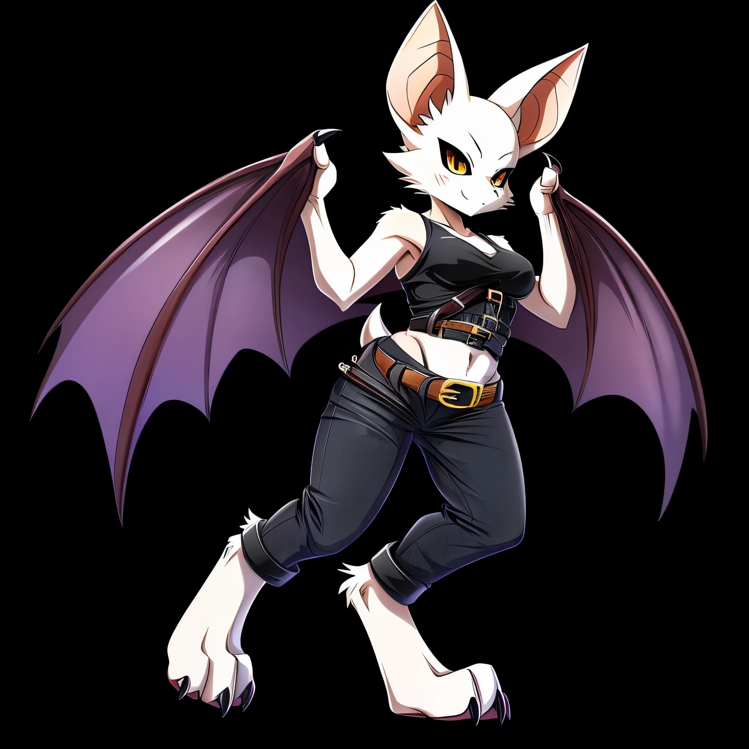 SFW version, anime, anime style, solo drawing, ((three-quarter view)), ((looking to the side)), full body picture, Anthro bat character, ((tall character)), ((Fit figure)), ((white skin)), clawed hands, ((clawed feet)), ((huge bat wings)), ((Purple Bat Wings)), ((white bat ears)), ((wearing baggy black jeans)), exposed belly, ((wearing belts on arms)), ((wearing belts around calves)), ((wearing belts around thighs)), sexy outfit, black clothes, ((white face)), neutral expression, bright yellow eyes, ((digitigrade legs)), ((digitigrade feet)), solid black background, dark background, highly detailed anime style, clean lines, beautiful demoness, female demon, gorgeous demon girl, attractive bat girl, ((hourglass figure)), short muzzle, furry cheeks, furry muzzle