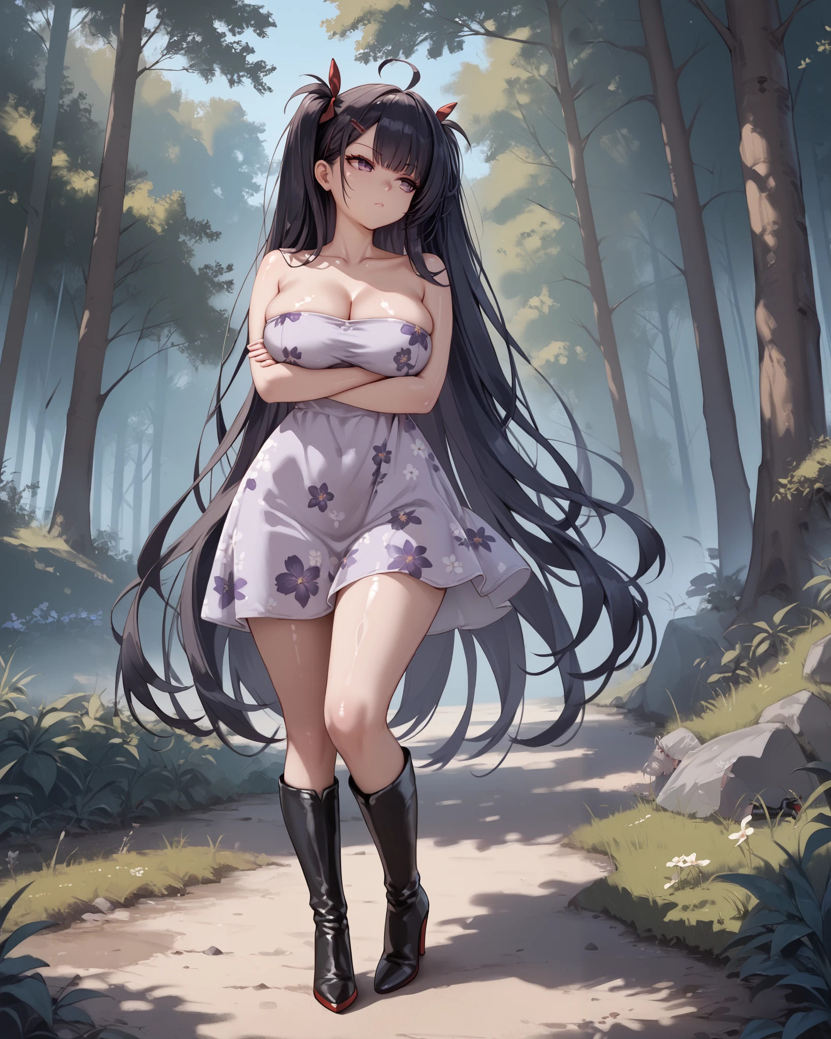 score_9_up, score_8_up, score_7_up, 1girl, solo, source_anime, glossy skin , shiny skin, Z11_(Azur Lane), purple eyes, very long hair, two side up, black hair, red hairclip, hair tie BREAK 

Big breasts, ahoge, hourglass figure, hips, floral-print sundress, purple sundress, (strapless), sleeveless, collarbone, knee boots, high heel boots, black boots BREAK  

Outdoors, standing, bored face, closed mouth, looking away, crossed arms, full body, forest, daytime BREAK 