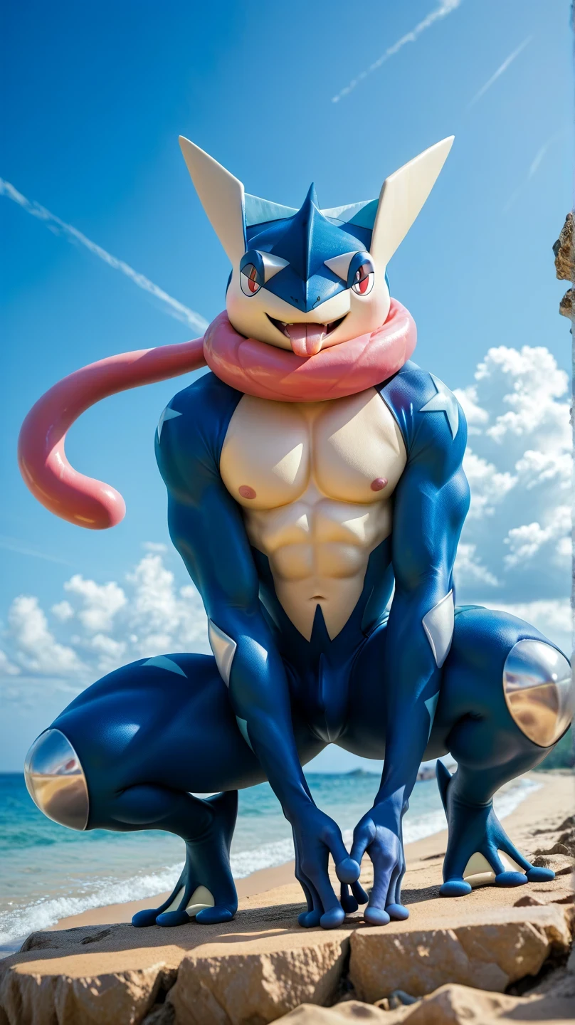 (    masterpiece,     better quality:1.2),alone,greninja male   \(pokemon\),pokemon \(creature\),    full body,       there are no humans,    extended arms   ,     blue skin    ,      pants looking at the spectator ,blue sky,   squatting posture   ,   open legs , husky, husky, salivating,  seductive look ,  marked muscles,  From below, Hands raised upwards,  on the beach, blue sky, white clouds, Blue Sea, squat pose , Hands on the knees , Gekkouga Greninja Larga Tongue, salivating