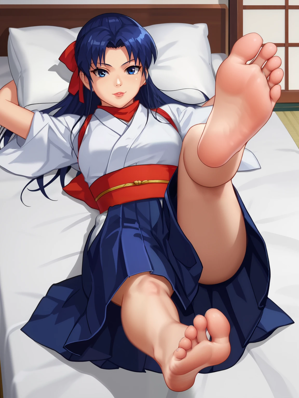 score_9, score_8_up,source_anime,
1girl, Kasumi Todoh, alone, looking at viewer, cowboy shot, anime screencap, anime coloring，barefoot，Perfect feet，Anatomically correct，soles，Focal length 35mm, Five toes，front，Symmetrical Soles，Foot Focus, in her bedroom, lying on the bed, lifting legs to show her soles, blue long hair, white kimono, blue hakama, red bandana with a white horizontal stripe in the center
