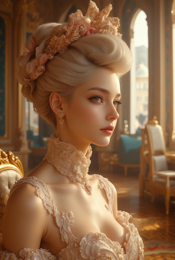 baroque lady from backside, rich hairstyle, full body, High quality photo, ultra high res, (photorealistic:1.4), baroque, cinema lighting, insanely detailed, hyper realistic, intricate design, fine details, octane render