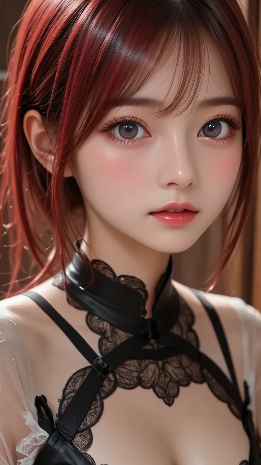 Masterpiece, 1 Beautiful Girl, Detailed Eyes, Swollen Eyes, Top Quality, Ultra High Resolution, (Reality: 1.4), Cinematic Lighting, Japanese, Asian Beauty, Korean, Very Beautiful, Beautiful Skin, Slender, Body Facing Forward, (Ultra Realistic), (High Resolution), (8K), (Very Detailed), ( Best Illustration), (beautifully detailed eyes), (super detailed), (wallpaper), detailed face, bright lighting, professional lighting, looking at viewer, facing straight ahead, outfit is neat light pink shirt and dress, 46 point slanted bangs, night view, black hair (some red hair with mesh),乃木坂４６、齋藤飛鳥、