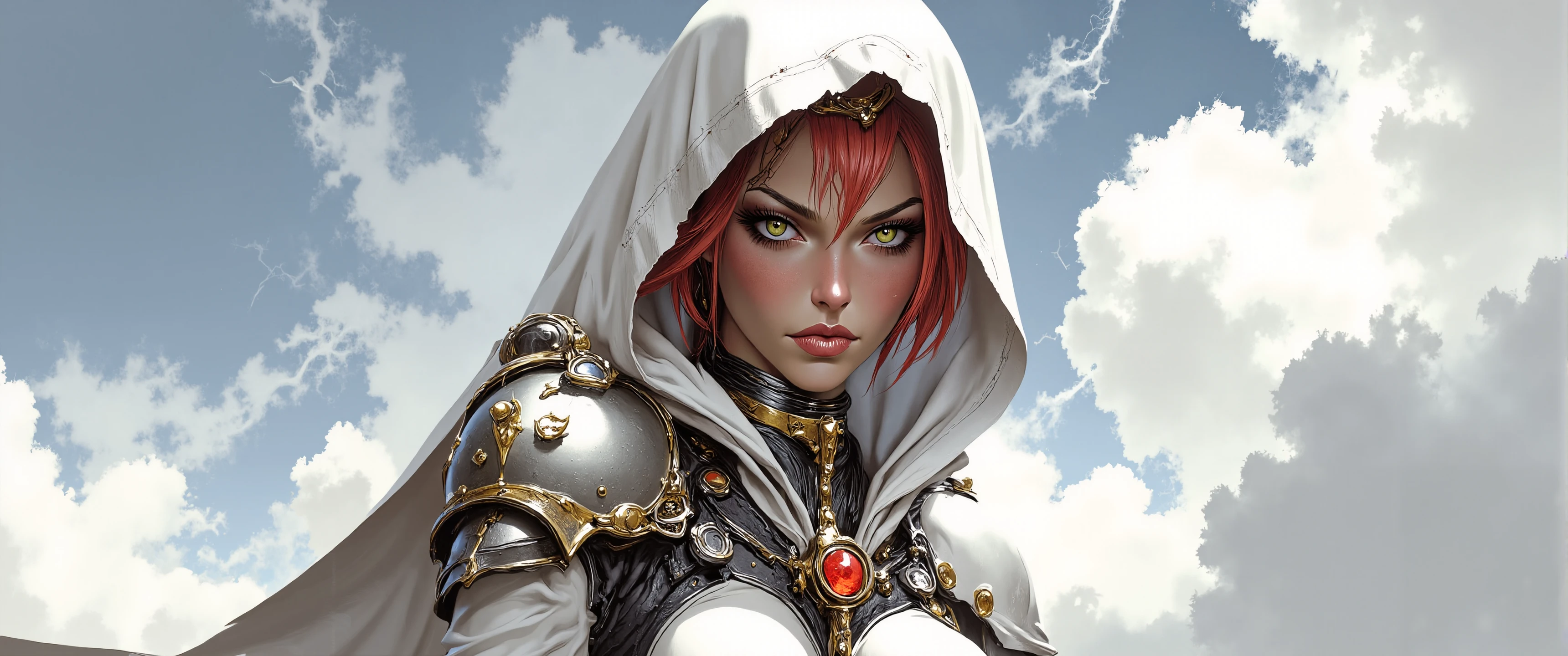 Draw me an anime style image of a female assassin with red hair and blue eyes. She wears a white hood and a long-sleeved white church assassin outfit with a black glove on her right hand and a blue corset., Make him wear a Wolverine-style bladed gauntlet on his left hand., Add a gold-colored shoulder pad on the right shoulder, Take a profile picture and add a dramatic background, has shoulder length hair.