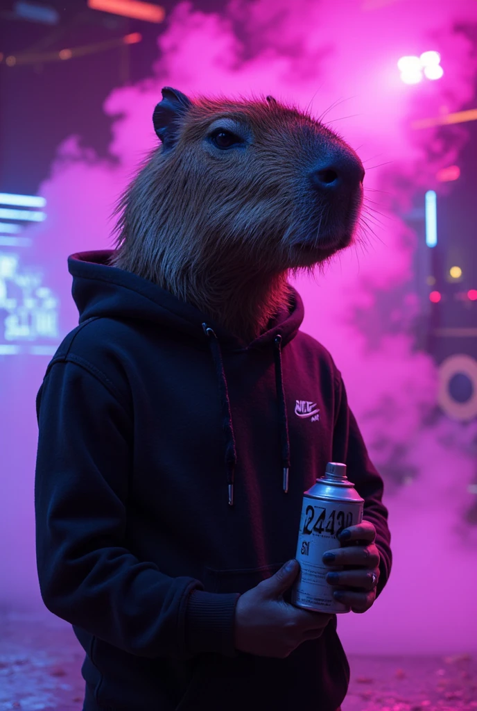 ((Masterpiece)), (best quality:1.2), (ultra high-res:1.3), **alien “capybara”** with a mysterious and sleek demeanor, wearing an all-black **hoodie (1.3)** adorned with a subtle **Nike brand logo (1.2)**. The capybara holds a **spray can labeled "2448" (1.4)**, with an aura of secrecy, posed in a **"shh" gesture (1.5)** for silence.  

The backdrop is a vibrant **neon ultraviolet screen (1.3)** with glowing **LED lights (1.3)** illuminating the scene. Surrounding the character is a mix of **fog (1.2)** and **lime green smoke (1.4)**, adding a surreal and cinematic touch. **Special effects (1.3)** enhance the atmosphere, complemented by a **drone sky view (1.2)** for a dynamic perspective. The composition radiates a futuristic and edgy vibe, rendered in stunning **8K quality (1.5)**. **(alien capybara, streetwear, neon lights, graffiti, fog effects, lime smoke, urban aesthetic)**.  