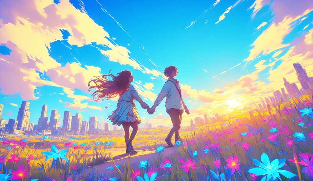  anime style、 creates a sense of dynamism as if the wind is blowing :  men and women in their late teens to early 20s （2 people）、 The cityscape that spreads far away shines 。 illustration generation prompt

Main characters 。 men have a light blue shirt 、 women in their late teens to early 20s 。

background:

 blue sky with the sun shining in 。Clouds float gently 、 the woman is pointing the other way and 。

 flower field in full bloom in the foreground （, especially colorful flowers ） and how the petals dance as the wind blows 。

 The moment 2 people hold hands and try to take a step forward {x} Clothes are simple and easy to move in casual style {x} An image of a road stretching straight through a field of flowers into the future。


 pose:

2 peopleが手を繋ぎながら一歩前に進もうとする瞬間。 women are pointing their eyes towards the future 、 women are pointing their eyes towards the future 。


 vibe:

 vivid and fresh colors 。 warm light envelops the whole 、 women are pointing their eyes towards the future 。

 the air is transparent 、 into the future Illustration that symbolizes hope 。
