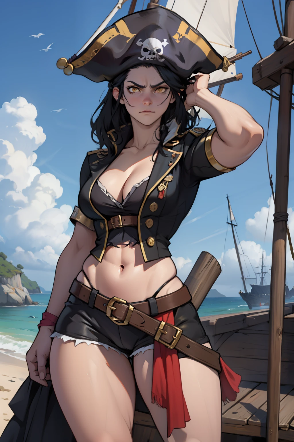 ((1 pirate woman, belt on her pussy with a sword, brown shorts with open zip, bare breasts, skull tattoo on her arms)),((medium breasts)),((very large pubic hair)),((large hair brown)),((green eyes, smile)),((facing the viewer)),((on a pirate ship, at sea during the day)),