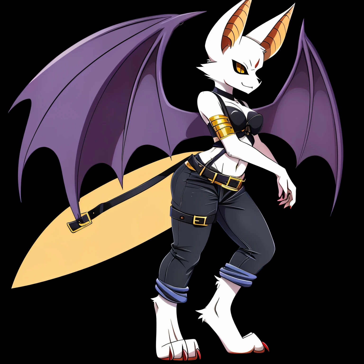 SFW version, anime, anime style, solo drawing, ((three-quarter view)), ((looking to the side)), full body picture, Anthro bat character, ((tall character)), ((Fit figure)), ((white skin)), clawed hands, ((clawed feet)), ((huge bat wings)), ((Purple Bat Wings)), ((white bat ears)), ((wearing baggy black jeans)), exposed belly, ((wearing belts on arms)), ((wearing belts around calves)), ((wearing belts around thighs)), sexy outfit, black clothes, ((white face)), neutral expression, bright yellow eyes, ((digitigrade legs)), ((digitigrade feet)), solid black background, dark background, highly detailed anime style, clean lines, beautiful demoness, female demon, gorgeous demon girl, attractive bat girl, ((hourglass figure)), short muzzle, furry cheeks, furry muzzle