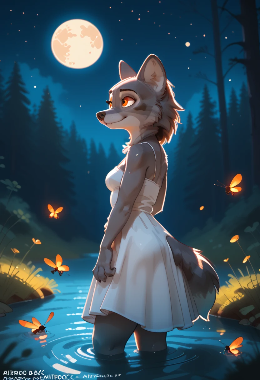 (((Masterpiece, by sniffsnorf ,score_8, ))) Night, full moon, forest, trees, stars, river, galaxy, sky, fireflies, wolf, canis, canine, canid, mammal, anthro, female, athletic, medium breasts, wide hips, shapely tighs, gray fur, gray body, fur, submerged_legs, looking away, concentrated, smile, cinematic lights, masterpiece, ultra high detailed, detailed eyes and fur, by Siroc, best quality, lineart artwork, soft lights, backlighting, dress, white dress, side view
