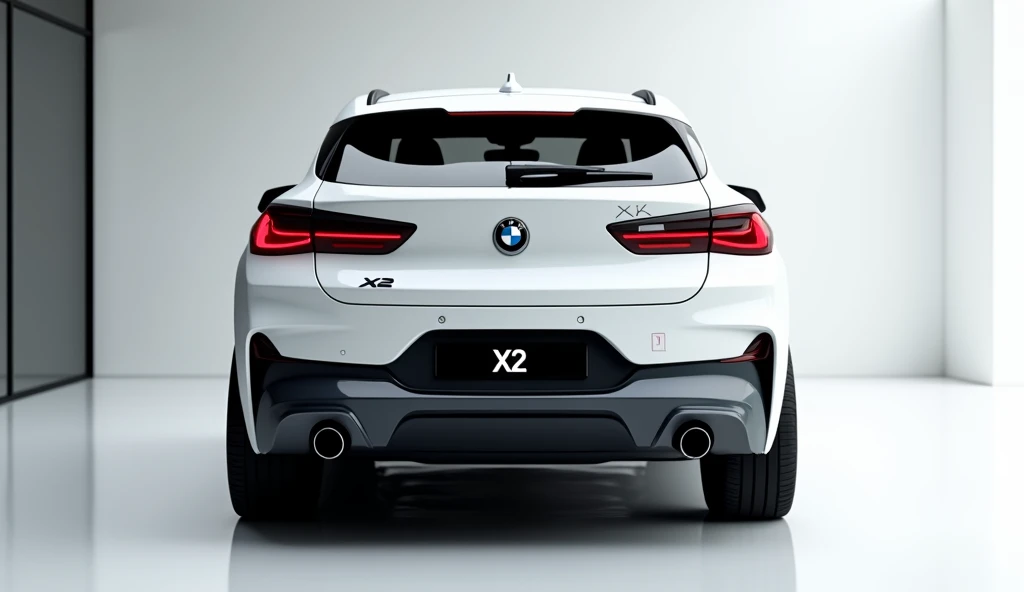 create an ultra-detailed 3D render of a modern, close-up Straight back view of modern 2025  BMW  X2 With a bold design. The car should feature a "Gleamy glossy painted  (white" color with a prominent '(BMW X2' logo on its prominent( back and sleek (headlights). The body should be wide and expanded in glossy black, captured in an ultra-detailed, glossy, shining image from the  back The car should have a black plate with 'X2 ' on it, set in a bright, glossy luxury showroom with gleamy white floor. The image should be ultra high-detailed and shiny. The car should be fully modified with shiny, glossy details, rendered in high resolution, as a masterpiece in UHD