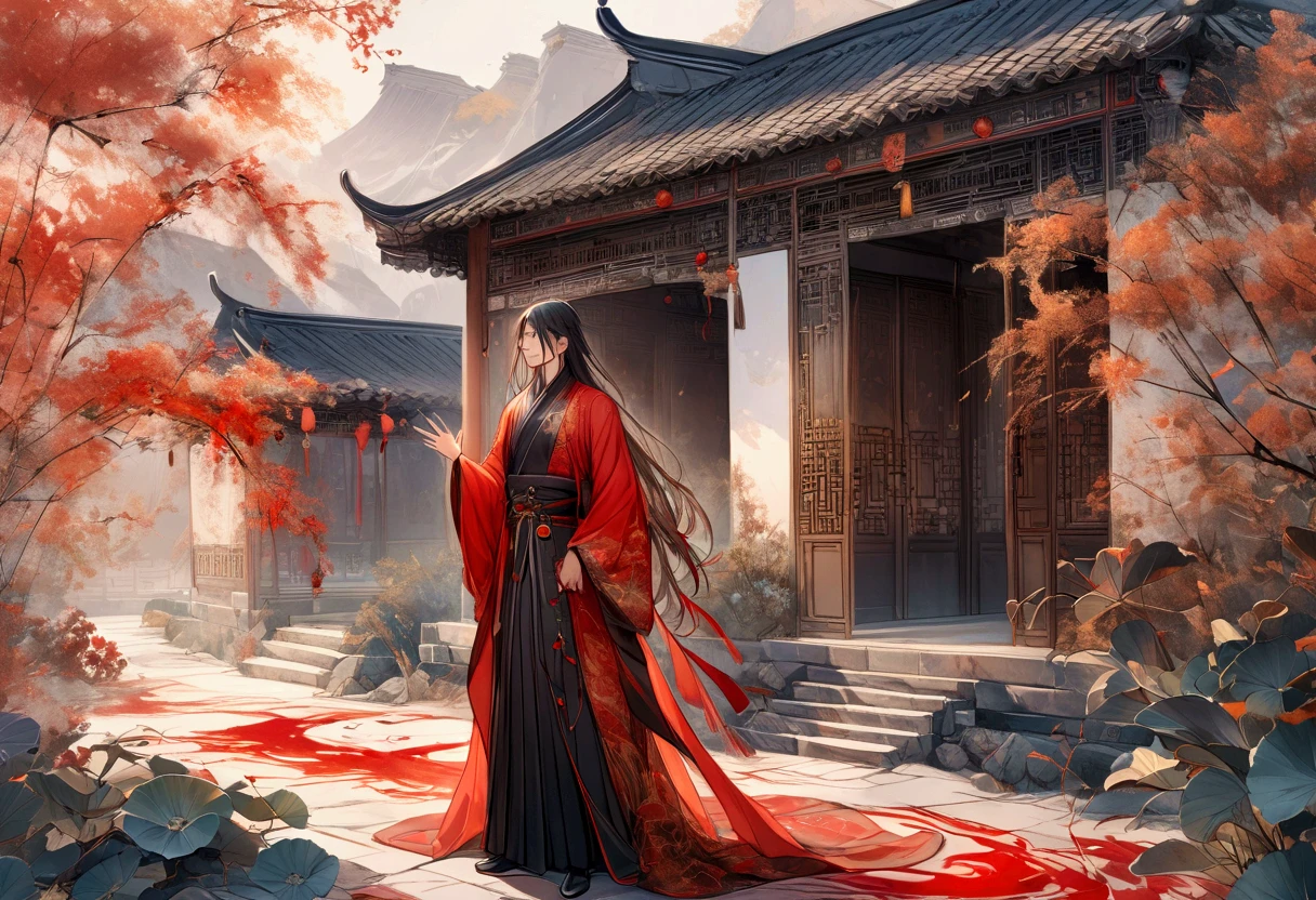 Handsome man with long hair wearing his clothes, Hands waving red blood mist, There is a sea of blood design , Vision,chinese palace background， HD