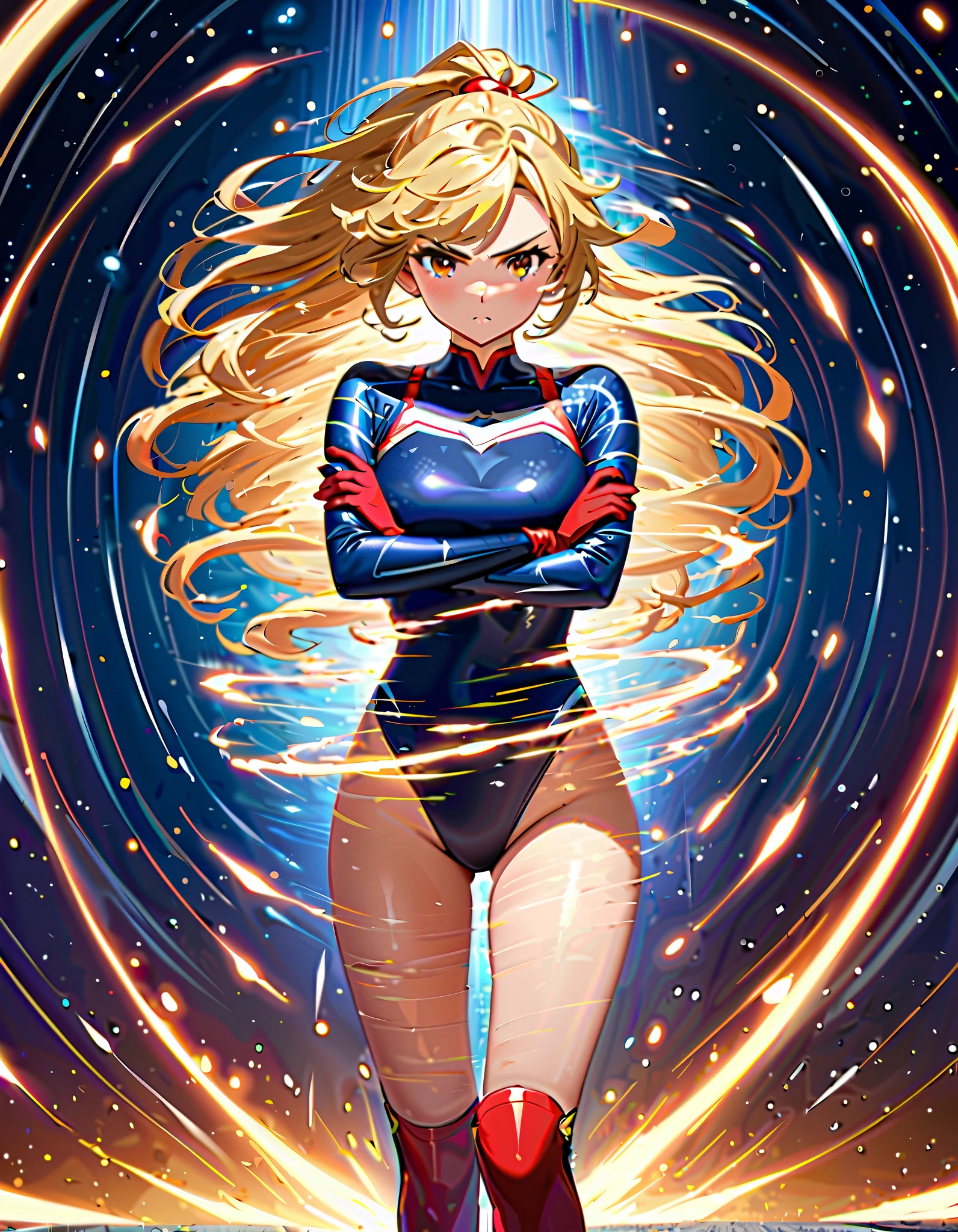 masterpiece, best quality, agrias, grey sweater, black leotard, twirl, spin, blonde hair, superhero, boots, tornado, whirlwind, solo, bare legs, whirl, wind effects, spinning into a tornado, fast spin, stand, time travel, travelling through time, highleg, perfect hands, perfect fingers, highleg leotard, powering up, tornado swirls, wind particles