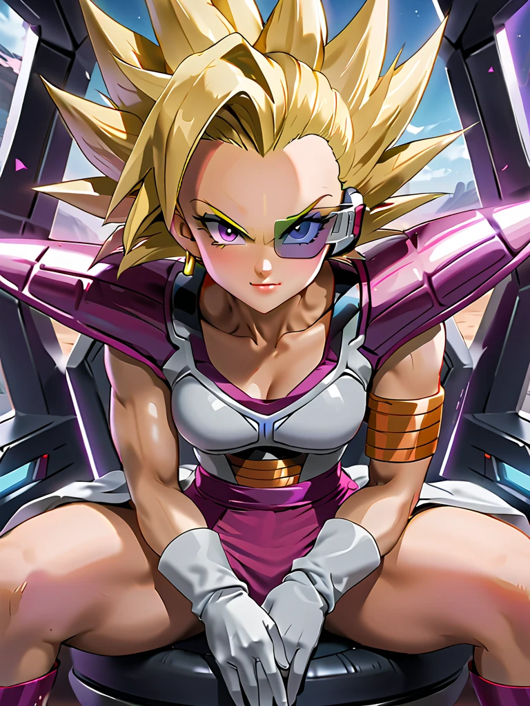 ((Masterpiece)), (best quality:1.2), (UHD:1.3), A full-body depiction of **Caulifla**, featuring her signature **blonde spiky hair (1.3)**, confidently raising her **right eyebrow (1.3)**. Her striking features include **beautiful eyebrows (1.2)**, **eyeliner (1.2)**, **eyelashes (1.2)**, and subtly enhanced **lip fillers (1.2)**. She wears **tinted eyewear (1.2)** paired with a sleek **Saiyan Scouter (1.3)**.  

Her outfit consists of **Saiyan armor (1.3)**, a white **crop top (1.2)**, **Saiyan boots (1.3)**, and a flowing **white cape (1.2)**, showcasing her **muscular physique (1.4)**. Caulifla is seated confidently on a futuristic **chair (1.3)** within **Frieza's spaceship (1.3)**, her hand resting on her face in a contemplative pose.  

The scene emphasizes her **perfect face (1.5)**, **detailed eyes (1.3)**, and **perfect anatomy (1.4)**, rendered in **high quality (1.5)**. The composition captures her commanding presence and rebellious aura in a vibrant, detailed setting. **(Saiyan warrior, futuristic, detailed features, muscular elegance, high-definition)**.  