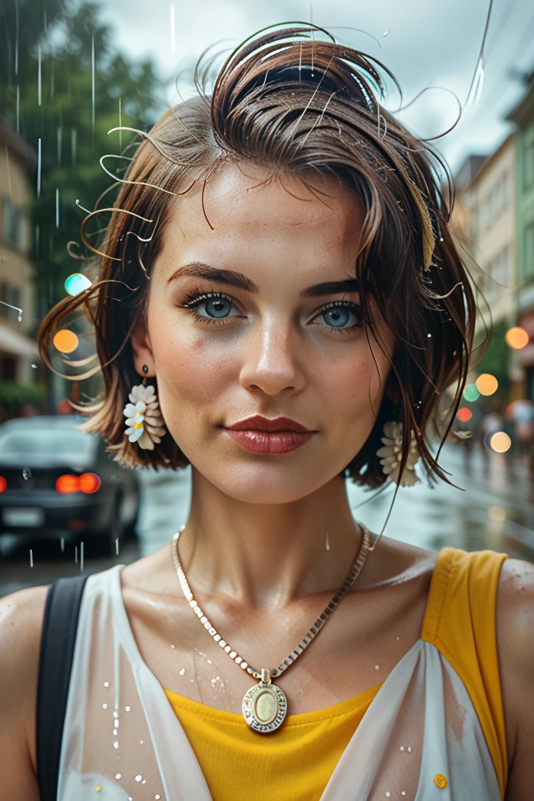 cinematic film still, full body blond woman soft whistle, close up shot . shallow depth of field, vignette, highly detailed, high budget Hollywood movie by danny boyle, bokeh, cinemascope, epic, that walks on Tokyo street in the rain day
