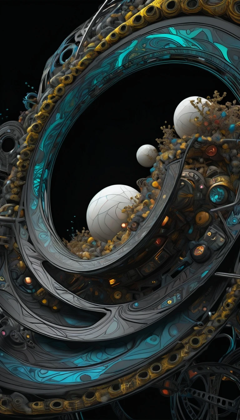 A hyper-detailed digital graphic art showcasing a mechanical colony set against the backdrop of a black hole, The colony is constructed from a myriad of tiny intricately connected parts constantly proliferating and evolving, Dramatic lighting highlights the interplay of light and shadow enhancing the mystical atmosphere, The scene is both futuristic and surreal representing an AI-driven stronghold in an imagined cosmic realm, (Zentangle, a Mandala, Tangles, Tangles), (Fractal Art:1.3), ighly detailed, Dynamic angles, Cowboy Shots, The most beautiful forms chaos, Brutalist design, Vibrant colors, (((black backgrounid, Pure black background, Floating circle)))