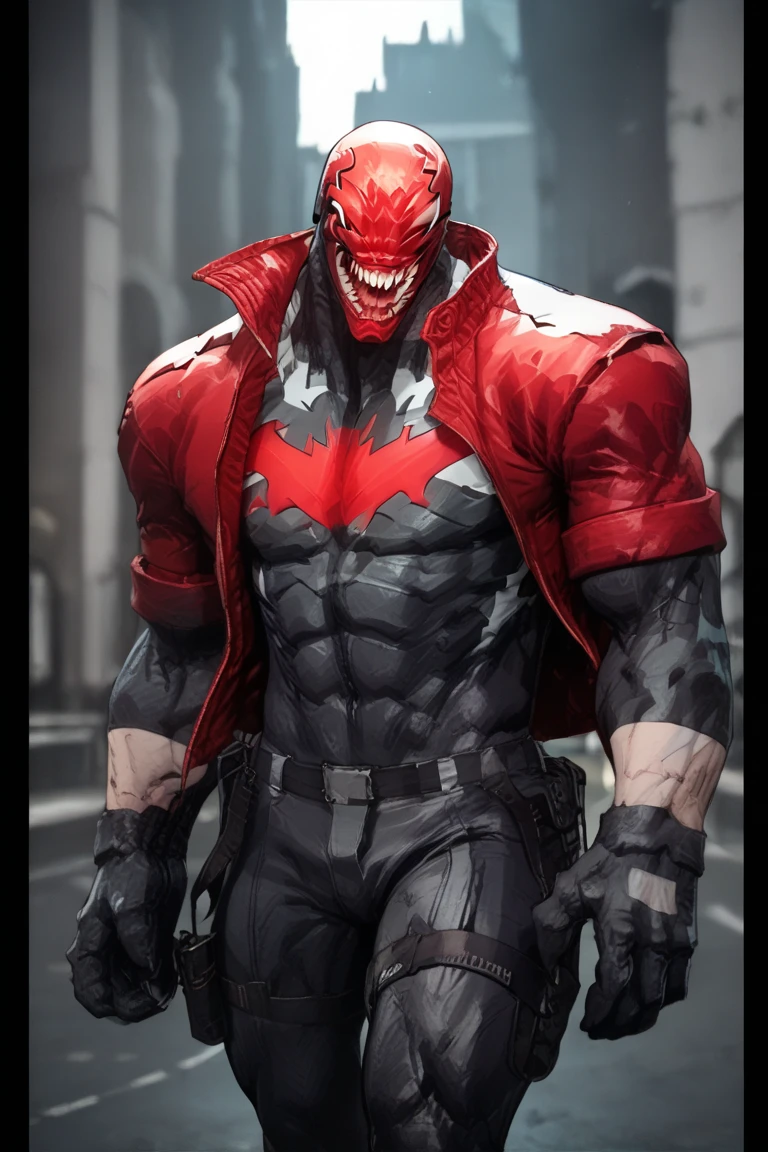 Suit: A sleek, organic black-and-red suit reminiscent of Venom’s texture, with jagged white streaks forming claw-like patterns across the chest and arms.
	•	Mask: A hollow-esque skeletal mask partially covering his face, with glowing crimson eyes and sharp fang-like teeth. 