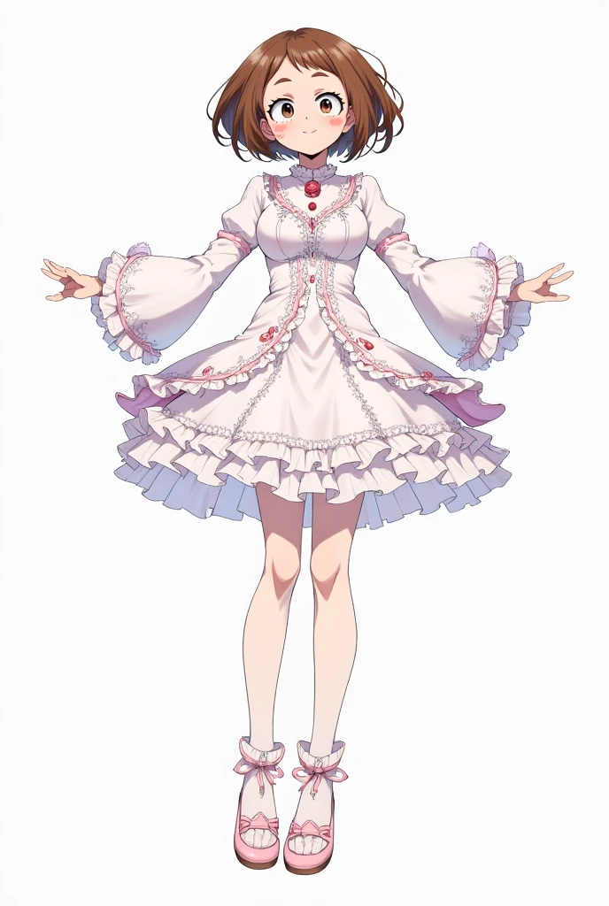 ( masterpiece,  best quality,  very beautiful ,  super detailed ),  intricate details , 1 Girl, No hair，No hair， small breasts, Extra small  ， small chest dress,  Ruffle Dress,  long sleeve, frills, Arms extended, Shut up, Smile,  long legs，Princess shoes， simple background，