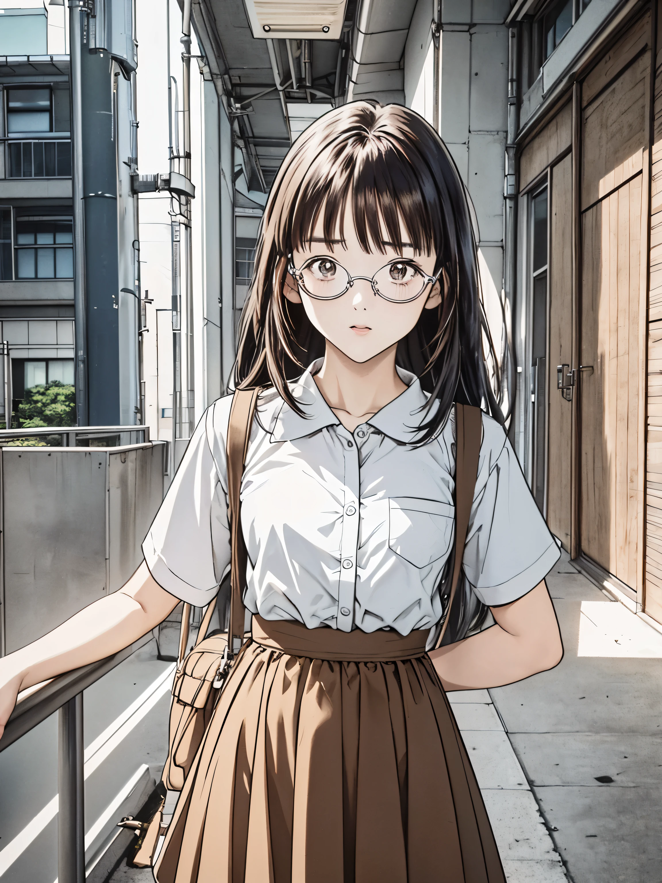 (8k、 top quality、​masterpiece:1.2)、( realistic、 ultra-detailed、 super A high resolution、 1 girl、、 beautiful detailed face、narrow、( Slim Waist ) :1.3)、Spring Clothes、  、 Skin Texture 、Floating Hair、  PROFESSIONAL LIGHTING  、 high schoolanime character with glasses 、 Human body、 brown hair、(Timid、 quiet 、Junior high school st、Honey、 embarrassing)、(( An anime character with glasses る))、