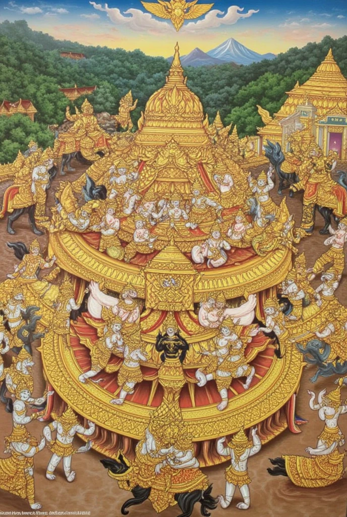 Large-scale mural depicting a procession or ceremonial event. Many figures, in elaborate traditional Thai attire, are arrayed in a landscape setting. Gold leaf embellishments and vibrant colors dominate. Figures wear elaborate, ornate clothing in various gold and muted colors. Subject figures appear to be Asian, and the age range is diverse; from ren to adults . Detailed facial expressions showcase solemnity, reverence, and focus. Body language indicates movement, processions, and ceremonial significance. Figures are depicted riding horses and elephants, which are also richly detailed in gold and various other colors. Processional conveyances, embellished with elaborate gold detailing, are prominent. The environment is a lush, mountainous landscape, suggestive of a tropical climate. Trees, rocks and other natural elements are rendered realistically, supporting the ceremonial procession which appears to be traversing a natural terrain. Architectural elements and structures of the time period can be clearly seen in the background. The mural's artistic style is traditional Thai, emphasizing vivid colors and detailed iconography. Perspective is established clearly, creating a deep sense of space between the foreground characters and background structures. Lighting is soft, not harsh, and creates depth and dimension to the scene that helps convey a certain reverence, dignity, and majesty. Overall mood is one of solemnity and celebration, with a contemplative, respectful artistic atmosphere. The style is indicative of traditional Thai mural art of a historic period. The use of color emphasizes the scene's significance and contributes to the piece's overall impression of grandeur.
