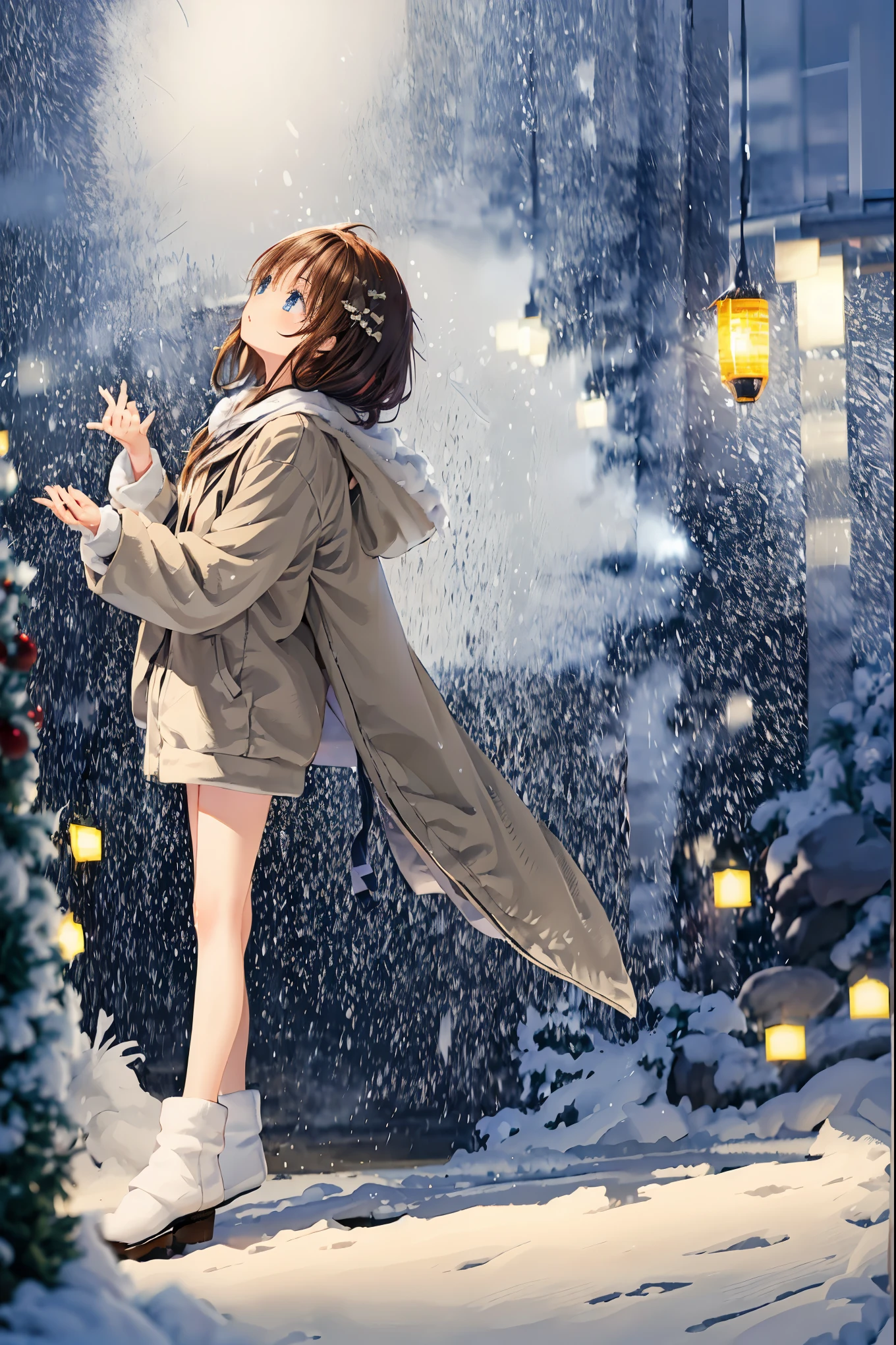 Winter clothes、Red coat、Bare legs、( top quality ,Masterpiece:1.3, Ultra-fine ),( very detailed, caustics,8k),( realistic :1.4,RAW shooting),18 years old, Japanese , cute, カメラを見て笑faceで ,( face :1.2),( faceクローズアップ :1.2),(Low position:1.3),( low angle:1.4), brown hair, Shortcut , slender beauty , messy hair,Cityscape, brown hair, Shortcut , Unkempt Hair ,Short braided hair,Neat, slender beautiful woman,Correct posture,Small chest, Beautiful Legs, Enchanting gray-blue eyes are shining like stars,Droopy eyes, bright color, beautiful eyes,繊細な笑face,Textured Skin, Best Quality at its Best , gentle and beautiful woman , anime style、