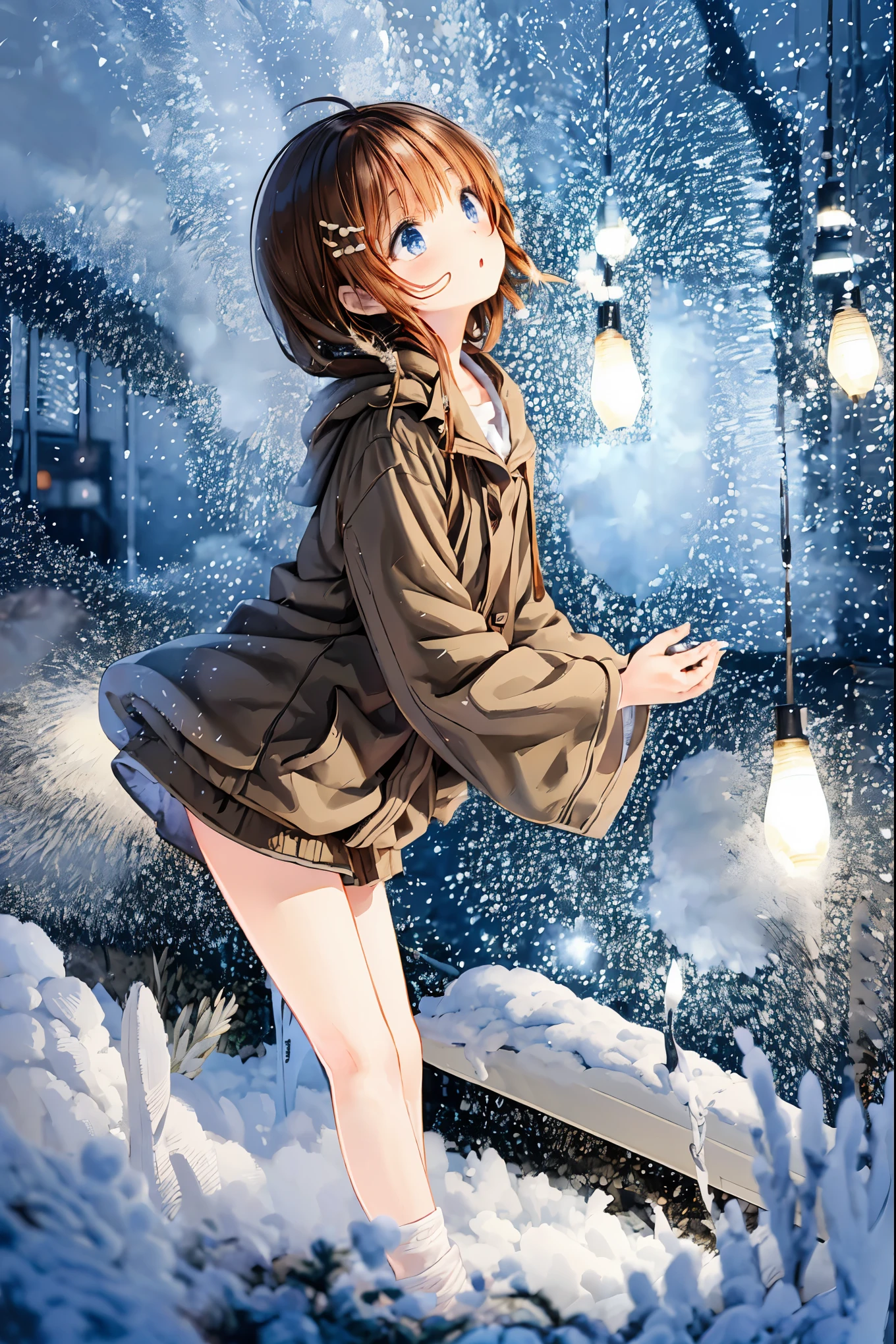 Winter clothes、Red coat、Bare legs、( top quality ,Masterpiece:1.3, Ultra-fine ),( very detailed, caustics,8k),( realistic :1.4,RAW shooting),18 years old, Japanese , cute, カメラを見て笑faceで ,( face :1.2),( faceクローズアップ :1.2),(Low position:1.3),( low angle:1.4), brown hair, Shortcut , slender beauty , messy hair,Cityscape, brown hair, Shortcut , Unkempt Hair ,Short braided hair,Neat, slender beautiful woman,Correct posture,Small chest, Beautiful Legs, Enchanting gray-blue eyes are shining like stars,Droopy eyes, bright color, beautiful eyes,繊細な笑face,Textured Skin, Best Quality at its Best , gentle and beautiful woman , anime style、