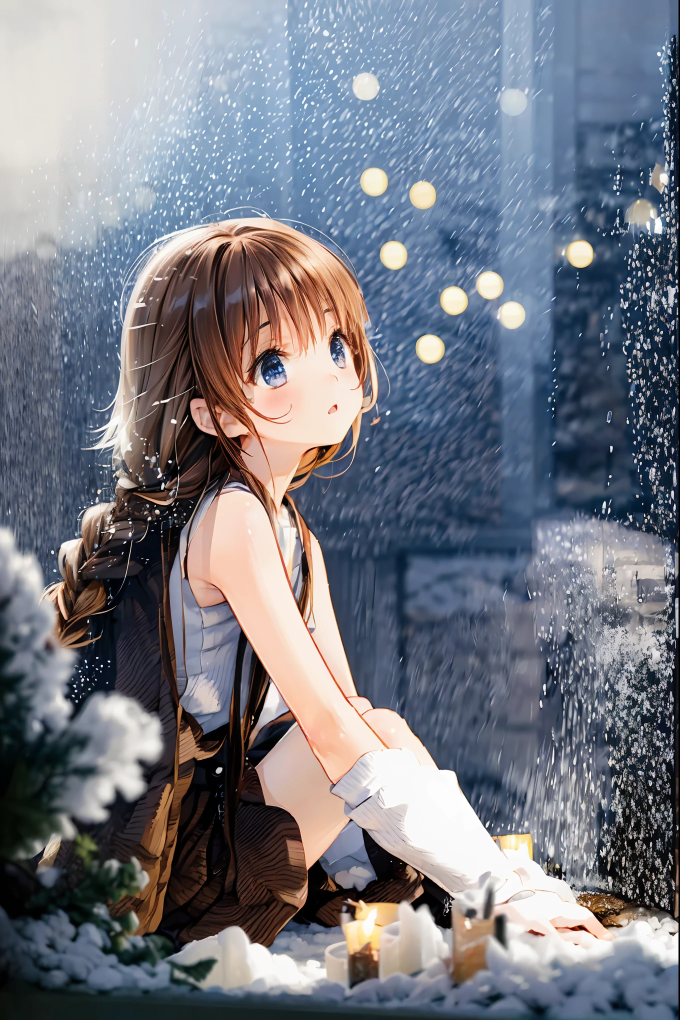 Winter clothes、Red coat、Bare legs、( top quality ,Masterpiece:1.3, Ultra-fine ),( very detailed, caustics,8k),( realistic :1.4,RAW shooting),18 years old, Japanese , cute, カメラを見て笑faceで ,( face :1.2),( faceクローズアップ :1.2),(Low position:1.3),( low angle:1.4), brown hair, Shortcut , slender beauty , messy hair,Cityscape, brown hair, Shortcut , Unkempt Hair ,Short braided hair,Neat, slender beautiful woman,Correct posture,Small chest, Beautiful Legs, Enchanting gray-blue eyes are shining like stars,Droopy eyes, bright color, beautiful eyes,繊細な笑face,Textured Skin, Best Quality at its Best , gentle and beautiful woman , anime style、