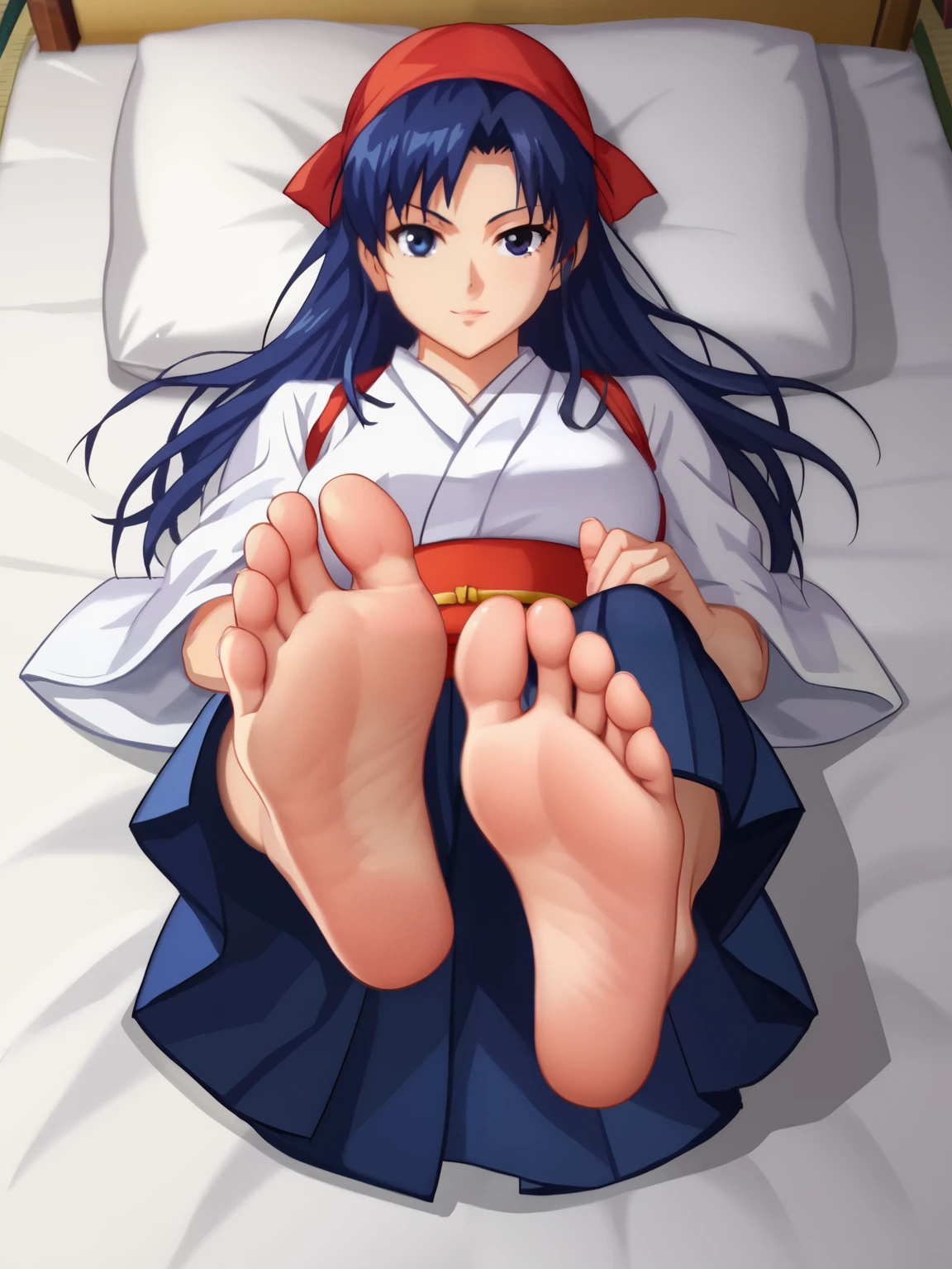 score_9, score_8_up,source_anime,
1girl, Kasumi Todoh, alone, looking at viewer, cowboy shot, anime screencap, anime coloring，barefoot，Perfect feet，Anatomically correct，soles，Focal length 35mm, Five toes，front，Symmetrical Soles，Foot Focus, from above, in her bedroom, lying on the bed, lifting legs to show her soles, blue long hair, white kimono, blue hakama, red bandana with a white horizontal stripe in the center
