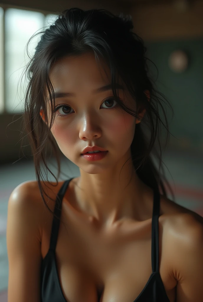 nsfw, Top quality, RAW images, real face, incredibly beautiful girl, cute, silky,Very beautiful Japanese,soft and shiny hair, Depth of written borders, High accuracy, Very detailed,ملابس تدريب ،عيون ووجه Very detailed, students sharp, Real students, Intense focus, Cinema Lighting, small, (small breasts:1.2), ( بحاره معتدل بدلة  to show off a small cute bra:1.5)))、