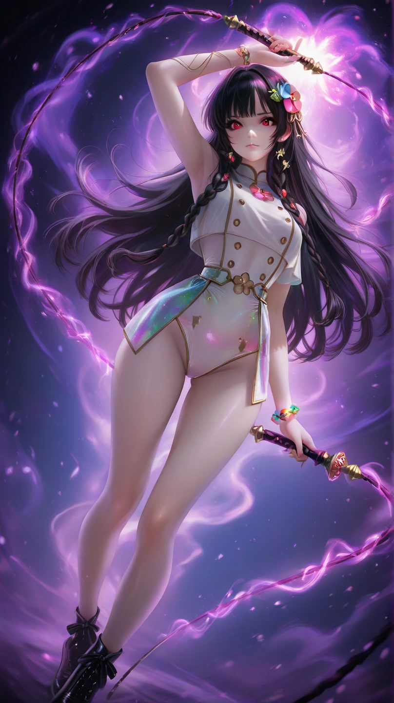  Create image
Anime girl ,  knee-length black hair ,  double-braided , Wolf tribe ,  good-looking whip , , good-looking, big-breasted, with hips , White aura skin,  a white swimsuit, , , wear high-heeled shoes,  with beautiful colorful flowers all over her hair.,  wearing a colorful glow bracelet , Red eyes, Wear a transparent, pastel shimmering waistband