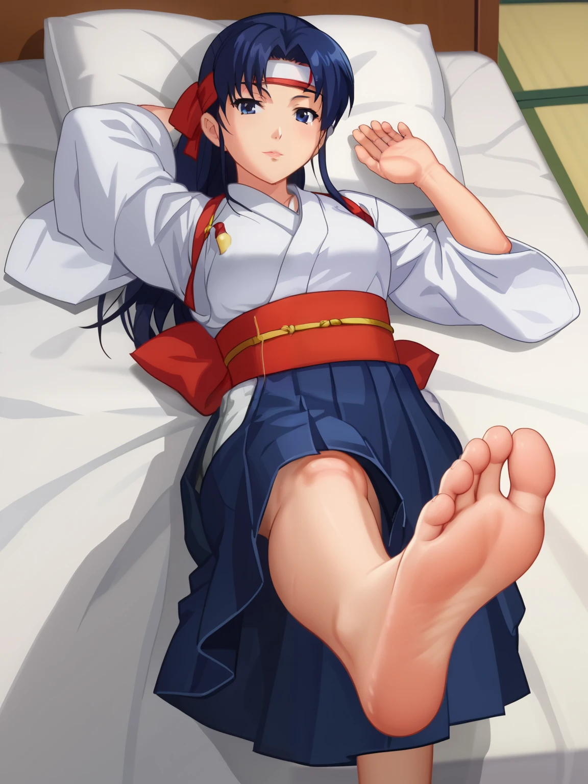 score_9, score_8_up,source_anime,
1girl, Kasumi Todoh, alone, looking at viewer, cowboy shot, anime screencap, anime coloring，barefoot，Perfect feet，Anatomically correct，soles，Focal length 35mm, Five toes，front，Symmetrical Soles，Foot Focus, from above, in her bedroom, lying on the bed, lifting legs to show her soles, blue long hair, white kimono, blue hakama, red bandana with a white horizontal stripe in the center
