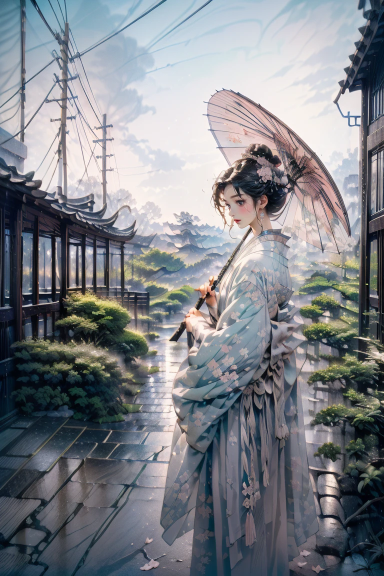 1girl,solo,cute,(((pink short hair,blue eyes))),kimono,japanese umbrella,wagasa,
at garden,japanese style, ((cobblestone)),((garden)),winter,brilliant view,sunshine,