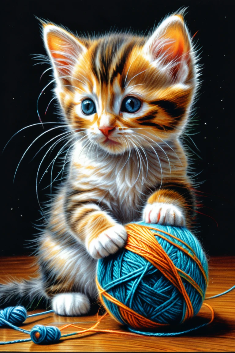 Drawing with colored pencils, clear graphics, high textures,"a three-colored kitten playing with a ball of knitting thread is an illusion, an optical illusion.Background: a black room interspersed with small particles of atoms made of water, high detailed textures.Hyperrealism.HDR