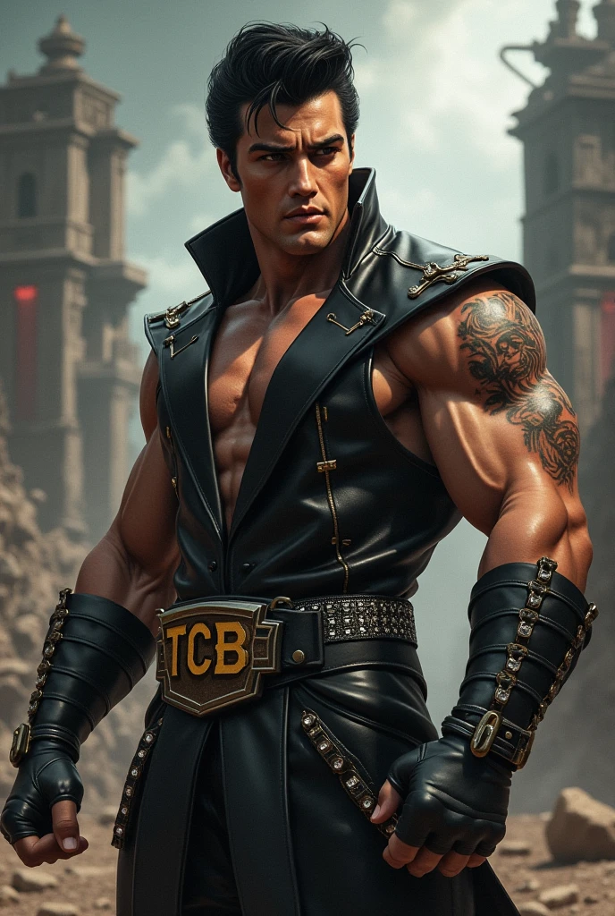 ((Karl Urban)) as Taven from Mortal Kombat, short black hair, black sleevless vest, (naked torso), black wide trousers, boots, (golden patterns:1.2), Dragon symbol, amulet, 1man, solo, full body view, front view, looking at viewer, intricate, high detail, sharp focus, dramatic, photorealistic painting art by greg rutkowski