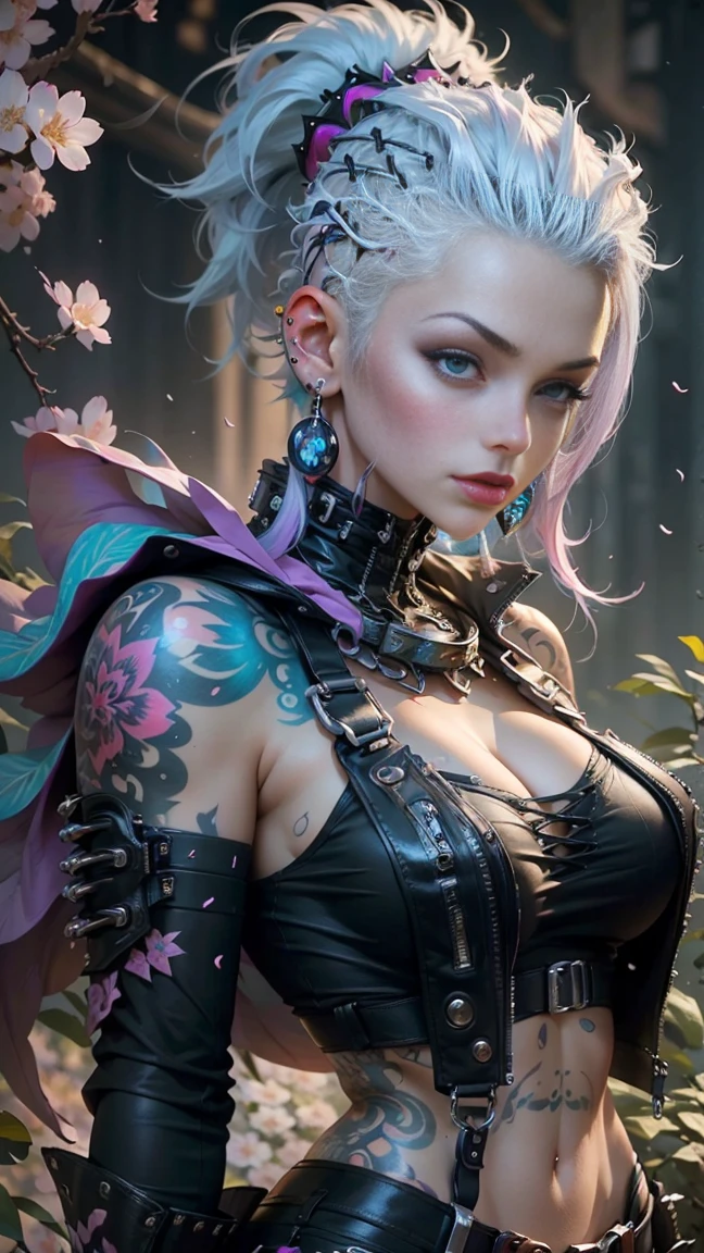 (masterpiece, top quality, best quality, official art, beautiful, cosmic, atmospheric, psychedelic, dreamlike and aesthetic:1.2), (1girl, platinum white punk rock mohawk hair, tons of tattoos and piercings, super huge enormously gigantic tits), extreme detailed,(fractal art:1.3),colorful,highest detailed, cherry blossoms and butterflies blowing in the wind