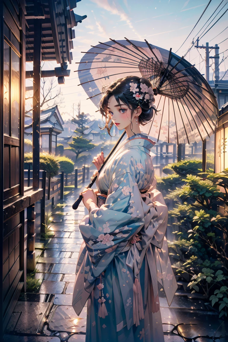 1girl,solo,cute,(((pink short hair,blue eyes))),kimono,japanese umbrella,wagasa,
at garden,japanese style, ((cobblestone)),((garden)),winter,brilliant view,sunshine,