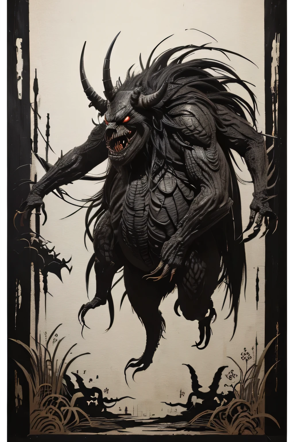 (A large mirror that covers the entire wall), (( Darkness)), ((A large number of beast-like monsters)), ((Jumpscare)), outline warm color, ((festival)), ((Chojugiga)), ((Shihon Bokuga)), antique, (personality personification ), (Ink painting), ( Black and White Art ), (Old paper style illustration), (Hunting Painting Style, Little Monster , Old performance, Variation pointillism, flat illustration , creepy, ((Horror elements)), ( creepy) worldview, ( Primitive art ), outline warm color, are styled like old picture scrolls, Old stage, Ancient mural style, Japanese Yokai