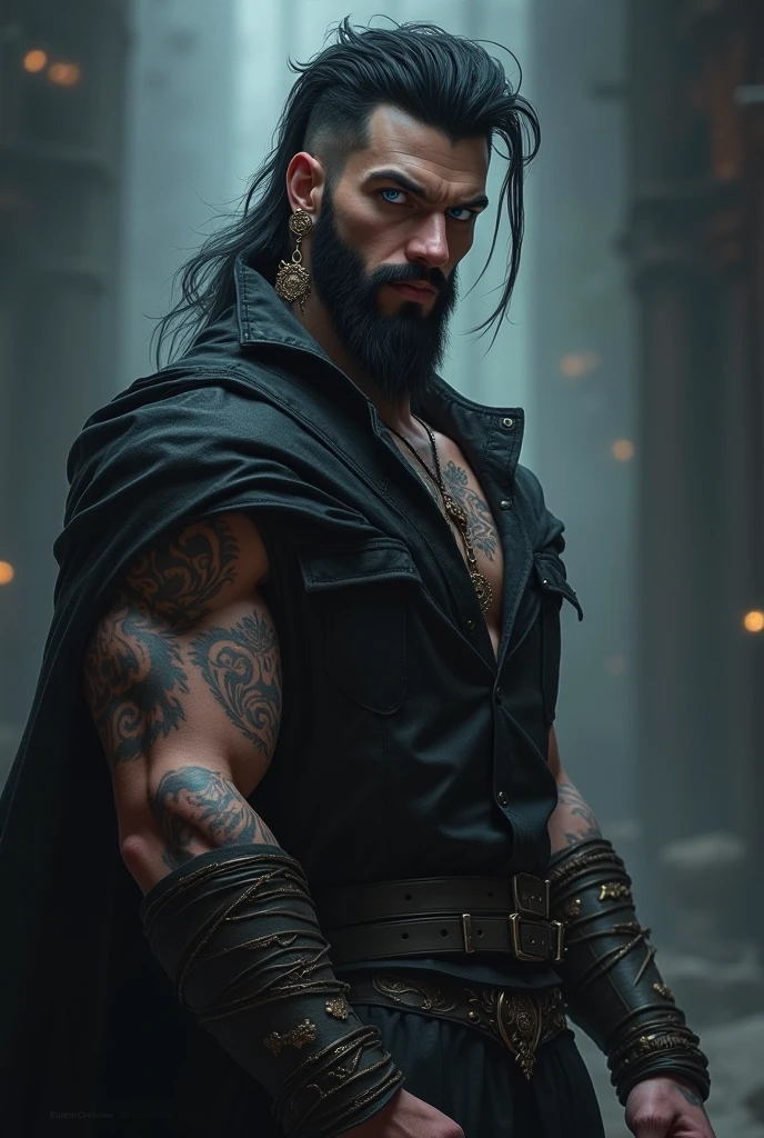 Dark-skinned man with grey eyes, black hair and a tattoo on the abdomen (in triangular shape) with scars on the face (dark fantasy) and 2