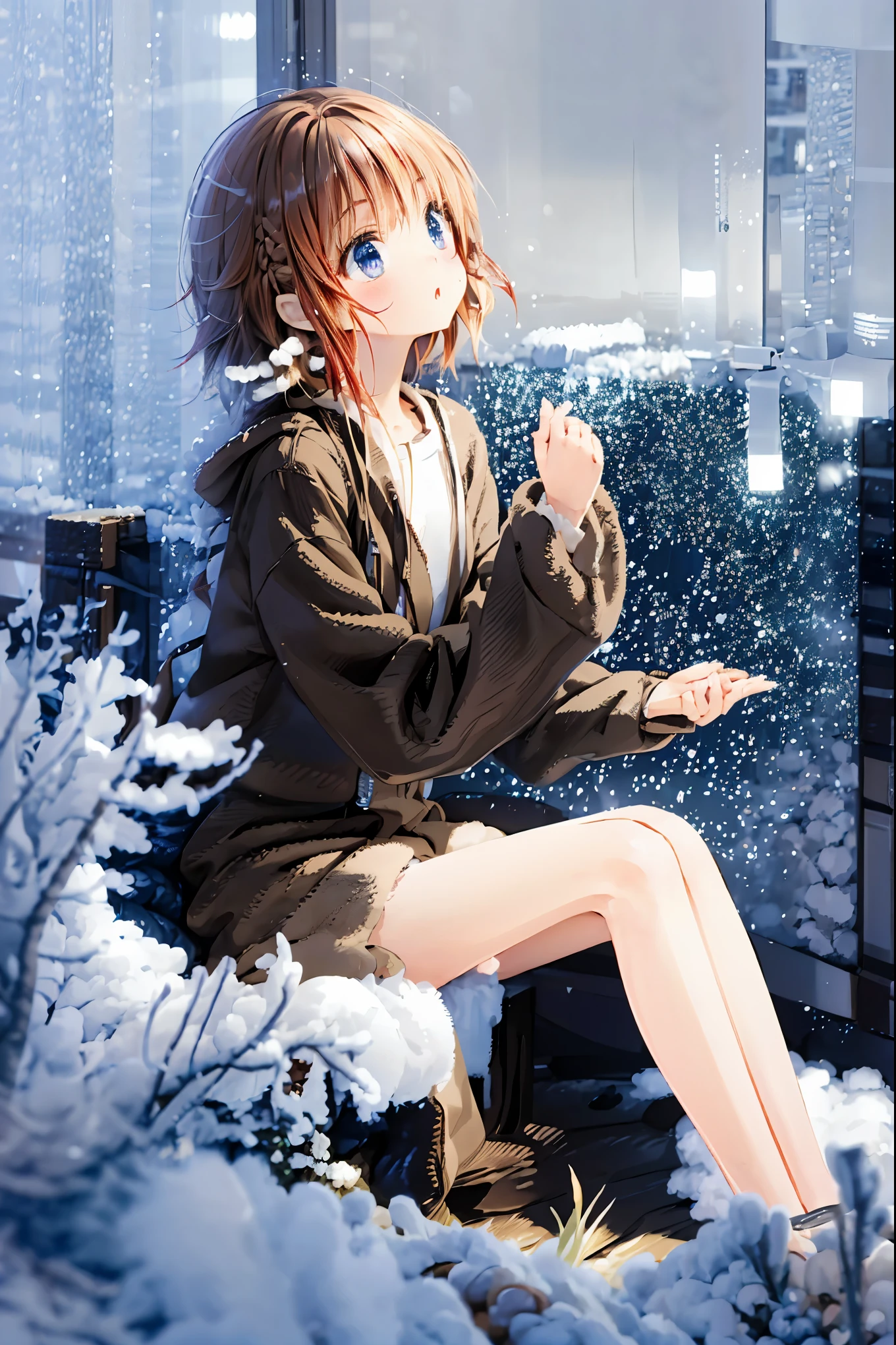Winter clothes、Red coat、Bare legs、( top quality ,Masterpiece:1.3, Ultra-fine ),( very detailed, caustics,8k),( realistic :1.4,RAW shooting),18 years old, Japanese , cute, カメラを見て笑faceで ,( face :1.2),( faceクローズアップ :1.2),(Low position:1.3),( low angle:1.4), brown hair, Shortcut , slender beauty , messy hair,Cityscape, brown hair, Shortcut , Unkempt Hair ,Short braided hair,Neat, slender beautiful woman,Correct posture,Small chest, Beautiful Legs, Enchanting gray-blue eyes are shining like stars,Droopy eyes, bright color, beautiful eyes,繊細な笑face,Textured Skin, Best Quality at its Best , gentle and beautiful woman , anime style、