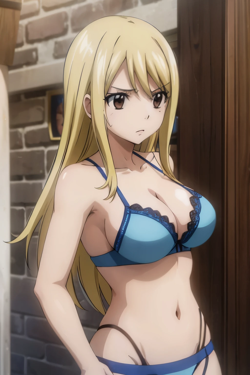 Lucy Heartfilia, long hair, Blonde, ( brown eyes:1.5), hair between eyes , side lock, tattoo , blue underwear,Blue lace, blue bra, blue underwear, blue lingerie