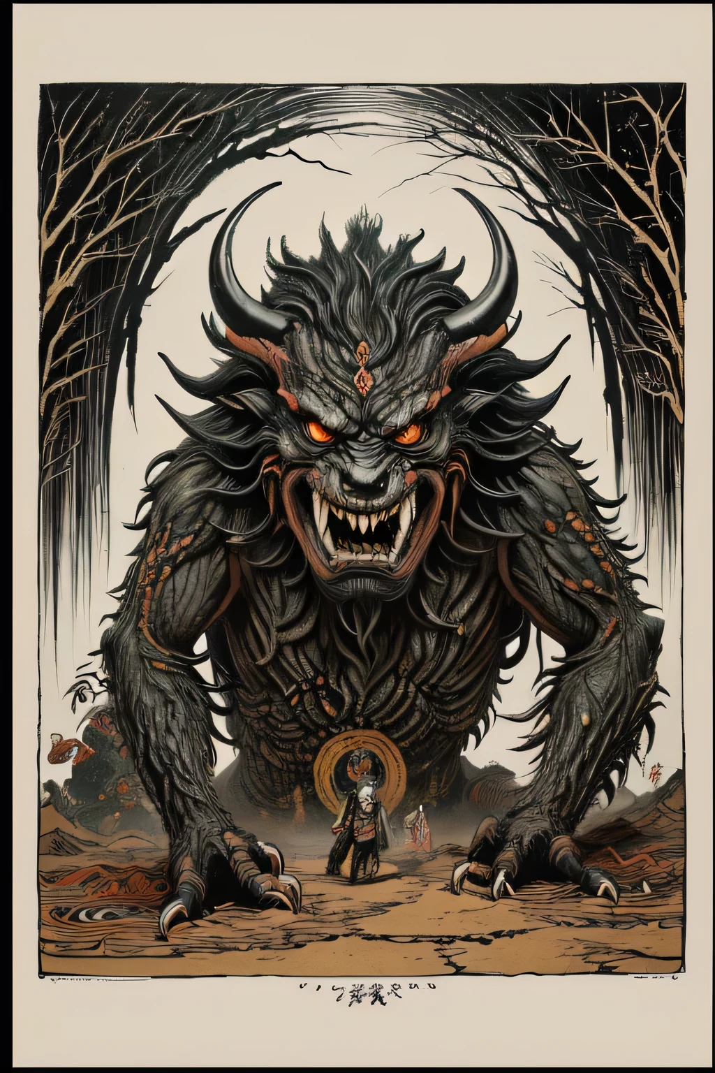 (( Darkness)), ((A large number of beast-like monsters)), ((Jumpscare)),  outline warm color, ((festival)), ((Chojugiga)), ((Shihon Bokuga)),  antique, (personality personification ), (Ink painting), ( Black and White Art ), (Old paper style illustration), (Hunting Painting Style, Little Monster , Old performance, Variation pointillism,  flat illustration ,  creepy, ((Horror elements)), ( creepy) worldview, ( Primitive art ),  outline warm color,  are styled like old picture scrolls, Old stage, Ancient mural style,  Japanese Yokai