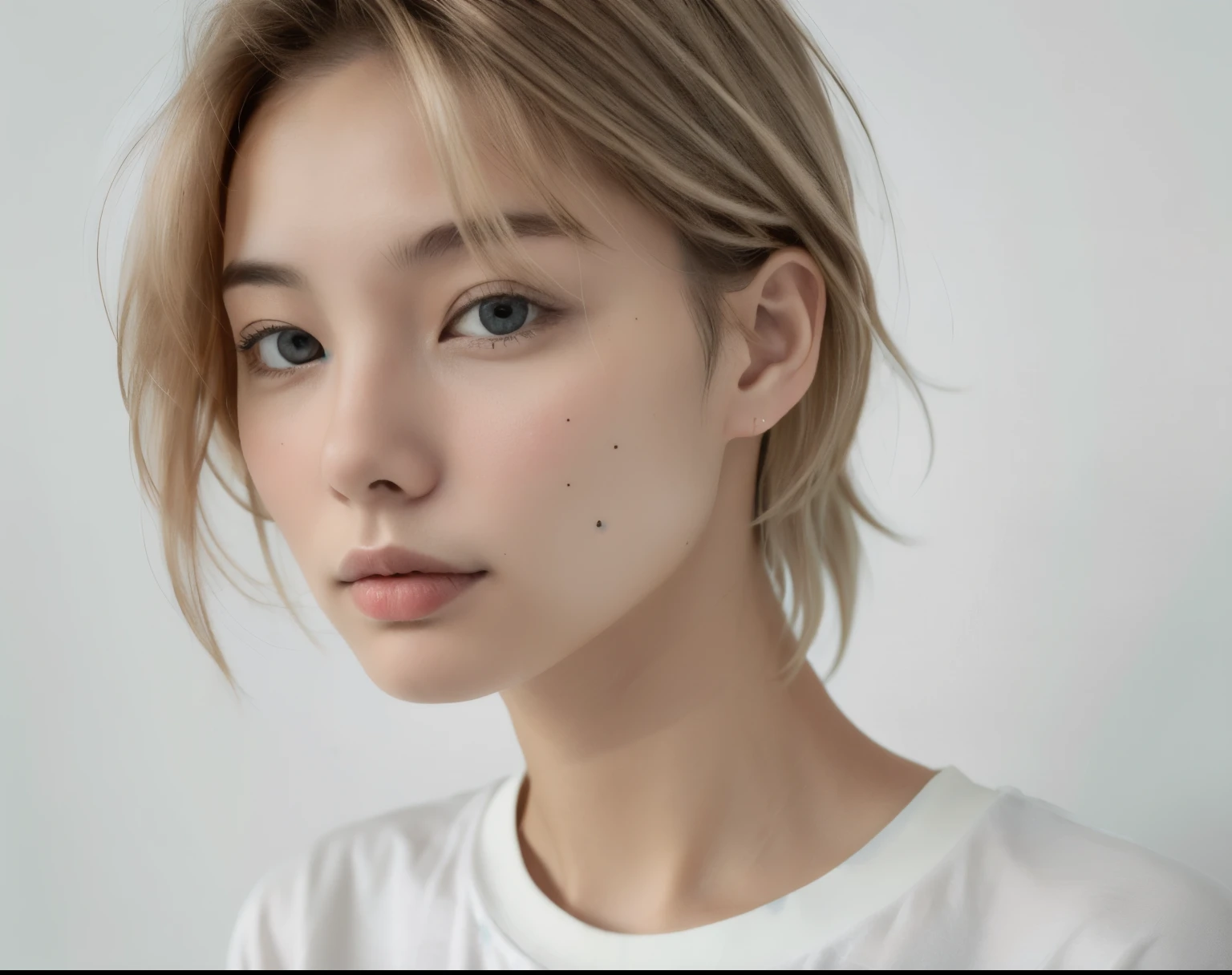 korean appearance, Boy, ( upper body ),  симпатичный корейский Boy, blond, ( white background,  simple background),  narrow eye shape ,  age 25 years ,  hair up to the shoulders 