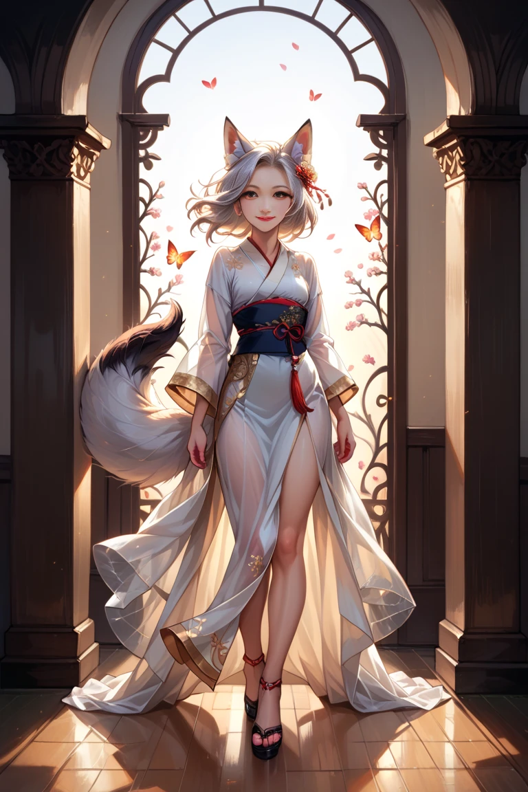 (masterpiece, best quality), best resolution, (4arms:1.2), fox girl, green eyes, white hair, very long legs, geisha kimono, gigantic breasts, muscular body, full body.