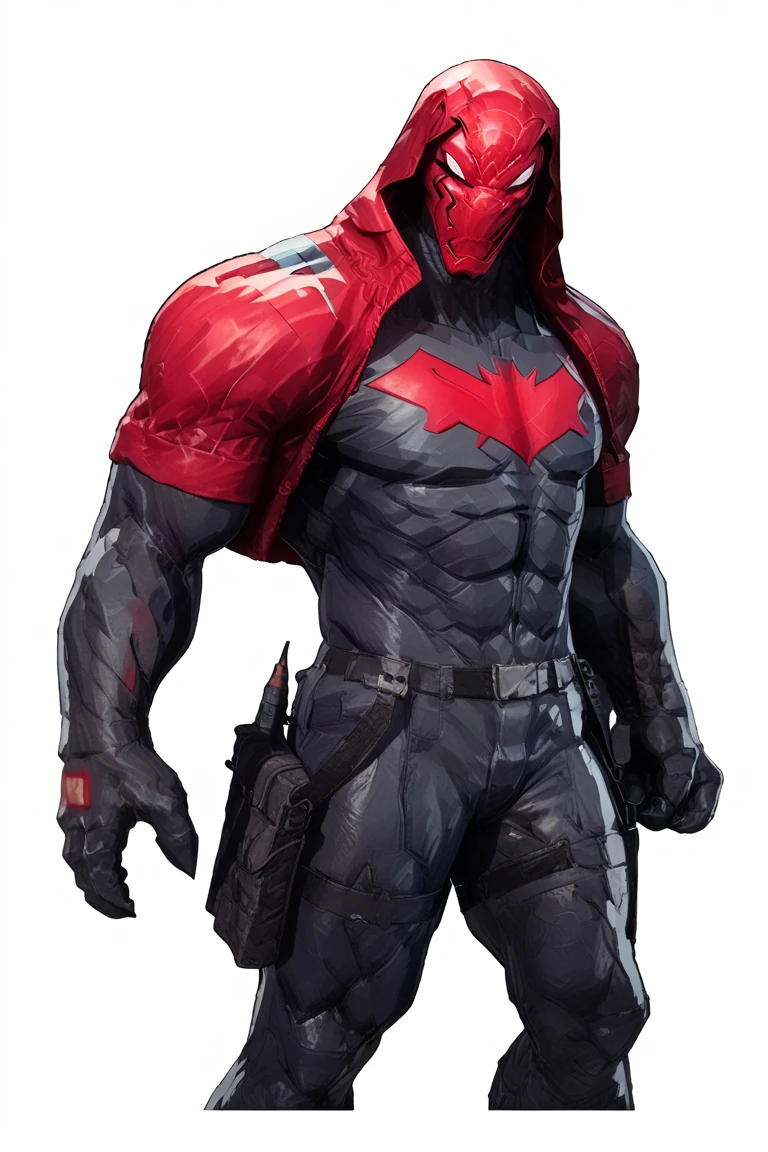 Crimson Venom’s suit is a blend of Jason’s Red Hood armor and the organic, fluid texture of the symbiote. The outfit features:
	•	A dark red and black color scheme with a glowing crimson spider-emblem across the chest.
	•	A sleek, helmet-like mask with sharp edges and glowing white eyes, resembling Red Hood’s iconic look but fused with the symbiote’s menacing design.
	•	Tendrils that ripple and move across the suit, ready to transform into weapons or shields.