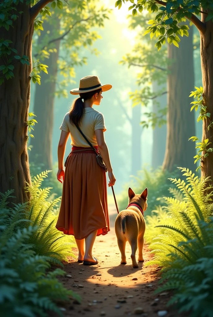Female farmer with a skirt on, following her dog in the woods